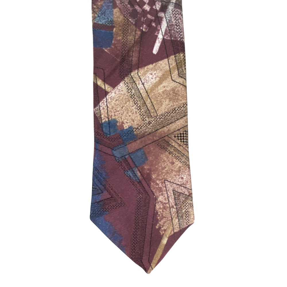 VTG 1990s City Streets Mens Abstract Geometric Polyester Tie Burgundy Blue 56x3